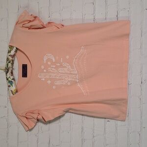 Cowgirl Legend Peach Ruffle Sleeve Embroidered Cactus Desert Night Tee Tshirt LG